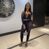 Fongt Women's Clothing 2023 Mesh Perspective Hollow Diamond Wrap Bra Long Sleeve Trousers Casual