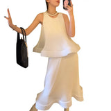 Loose Ruched Two Piece Set Womens Round Neck Sleeveless Tops High Waist Midi Skirts Female Sets Fashion Clothes