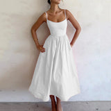 Fongt Women's New 2025 Spring Dress Solid Color Sexy U-Neck Waist Folding Sling Dress