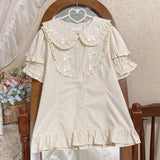 Kawaii Lolita Blouses Women Elegant Bow Ruffles Peter Pan Collar Shirts Tops Girly Casual Blusas Mujer Gothic Y2k Clothes-Outfit