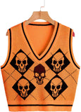 Gothic Knit Sweater Vest Skull Argyle Print Pattern Knitwear V-neck Pullover Fashion Jumper Top Women Halloween
