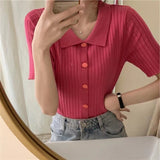 Fongt POLO Lapel Knit Cardigan Summer 2024 New Color Knit Short Sleeve Sweater Top-Outfit