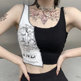 Fongt Personality Splicing Contrast Color Print Outside The Top Female Ins Inside The Lace Female Student Sling Shirt Tide-Outfit