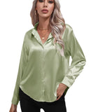 Satin Shirt Satin Imitation Silk Long-Sleeved Pure Color Elegant Button Front Lapel Shirt-Outfit