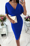 Hot Style Summer Solid Color V-Collar Sexy Hip Dress Women's Short Sleeves-Outfit