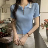 Fongt Academy Wind Ice Silk T-Shirt Girl Summer New Temperament Sweet Slim Thin Collar Short Sleeve Top In