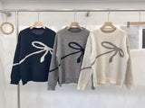 Fongt New 2024 Korean Version Of The Versatile Design Bow Knit Loose Soft Waxy Round Collar Sweater-Outfit