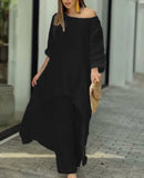 Fongt New Women's Cotton And Cotton Fashion Casual Large Code Irregular Long-Sleeved Set Of Wide Leg Pants Two Sets