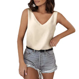 Solid Color Satin Vest V-Collar Casual Sling Sleeveless Shirt Summer Basic Style-Outfit