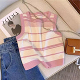 Striped Tank Women Slim Knitting Camisole Crop Tops Female Bodycon Knitted Tanks Sleeveless Short Tee shirts-Outfit