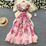Fongt Elegant Dress Women's Summer Famous High-End Feel Lotle Side V-Neck Waist Thin Print Large Swing Dress