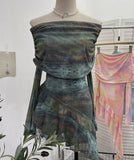 Fongt And Spicy Shoulder Dyed Printing Mesh Long-Sleeved Coat Folds Irregular Ribbon T-Shirt 9997