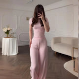 Fongt Summer New Women's Round Neck Solid Color Wide Leg Pants Commuting Leisure Suit Women