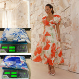 Fongt Spring Summer New Temperament Printing Bubble Sleeve High-End Dress Women