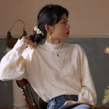 Half Turtleneck Lace Blouse Knitted Pullover Puff Sleeves Fashion Women Autumn Shirts