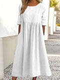 Fongt Cotton-Sleeved Short-Sleeved Pocket Folded Loose Round-Neck Dress In Summer