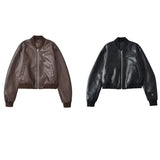 Fongt New Women's Retro Locomotive Leather Loose Casual Imitation Leather Bomber Jacket Jacket