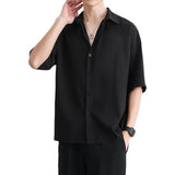 Men's Summer Loose Thin Ice Silk Short-Sleeved White Five-Sleeve Shirt Youth Breathable Cardigan Half-Sleeved Shirt-Outfit
