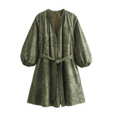 Fongt Women's Long-Sleeved Loose Hollow Lace Dress 2035
