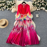 Fongt Elegant Dress Women Fashion Nail Ball Collar Hollow Pressure Folding Lantern Sleeves To Print Long Skirt