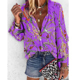 New Design Plus Size Women Blouse V-neck Long Sleeve Chains Print Loose casual Shirts Womens Tops And