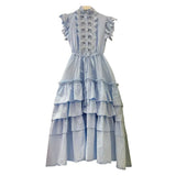 Vintage Solid Dress For Women Stand Collar Sleeveless High Waist Loose Midi Dresses Female Fashion Summer