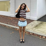 Fongt Retro Sexy Hottie Style Striped Short-Sleeved Polo Collar T-Shirt