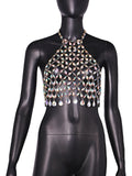 Fongt New Sexy Lacey Nightclub Shiny Blouse With Colorful Crystal Pendant Necklace