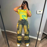 Fongt Women's Straight Jeans Women's Fashion Trend Personality Multi-Pocket Hanging High-Waisted Trousers