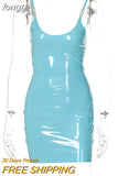 Blue PU Leather Bodycon Dress 2023 Summer Women Sleeveless Low Cut Back Zipper Elastic Mini Dress Party Club