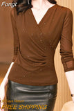 Mujer De Moda 2023 Autumn V Neck Solid Mesh Sequin Blouse Women Bottoming Shirt Long Sleeve Ladies Tops Womens