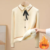 Women's Plus Velvet Thicken Polo Collar Knitted Sweaters Winter Korean Sweet Casual Pullover Sueter Warm Slim Crochet