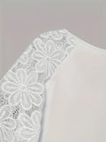 Fongt Women's T-Shirt White Seven-Sleeved Lace Splicing Round Tie Solid Color Shirt Woman