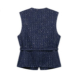 Fongt And Beads Coarse Spinning Vest 2025 Spring Temperament Metal Buttonless Sleeveless Round Collar Body Jacket Woman