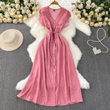 Fongt Red Dot V-Neck Women's Short-Sleeved Dress Summer Single Buckle Tie With Thin A-Word Mid-Long Dress