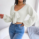 Wind Shooting Autumn And Winter Fashion Bow V Leader Lantern Sleeve Open Umbilly Sweater Women's