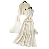 Fongt Small Fragrant Style Wearing Women's Autumn Fashion Nail Ball Collar Sleeveless Knitted Dress Long Sleeve Open Shirt Coat