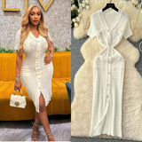 Fongt Little Scent Retro V-Neck Metal Single-D Row Buckle Slimming Temperament Knitted Dress Spring