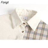New Spring Women blouses Korean Fashion style Simply Corduroy Long sleeve Tops Patchwork plaid Loose Casual female