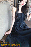 Dress Women Folds Design Solid Sexy Girls A-line College Stylish Korean Fashion Midi Spaghetti Strap Simple