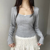 Fongt Girl Split Dense Edge Base Long Sleeve T Shirt Square Collar Wood Ear Bow Slim All-Match Jacket-Outfit