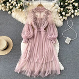 Women's Maxi Dress Elegant Flower Mesh Party Dresses Vestidos Fashion Lantern Sleeve Woman Long Robe Two Piece Sets