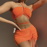2023 New Folding Cloth Drawstring Strap Mesh Three-Piece Swimsuit