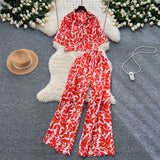 Fongt Light Style Suit Women's Fashion With Loose Short Print Shirt + High Waist Display Thin Leg Slacks