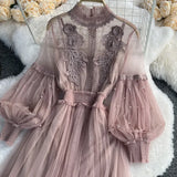 Fongt Korean Version Of The Lantern Sleeve Waist Show Thin Net Gauze Nail Bead Dress Three-Dimensional Flower Fairy Dress-Outfit