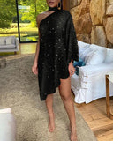 New Fashionable Sexy Lotus Leaf Edge Printed One-Sleeve Open-Shoulder Dress-Outfit