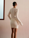 Fongt Summer New Set Knitted Hollow Deep V Collar Long Sleeves Shirt Casual Skirt