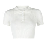 Fongt Collar Top Women's Short Sleeve Knit Shirt Short Summer White Lapel Striped Niche Slim