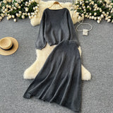 Fongt Windy Woman Languid Languid Breeze With Long-Sleeved Knitted Shirt + High Waist Swing Sweater Half-Dress Skirt