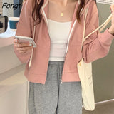 Autumn Korean Zip-up Short Hoodies Women Streetwear 6 Pure Colors Casual Thin Sweatshirt Hooded Female Cardigans